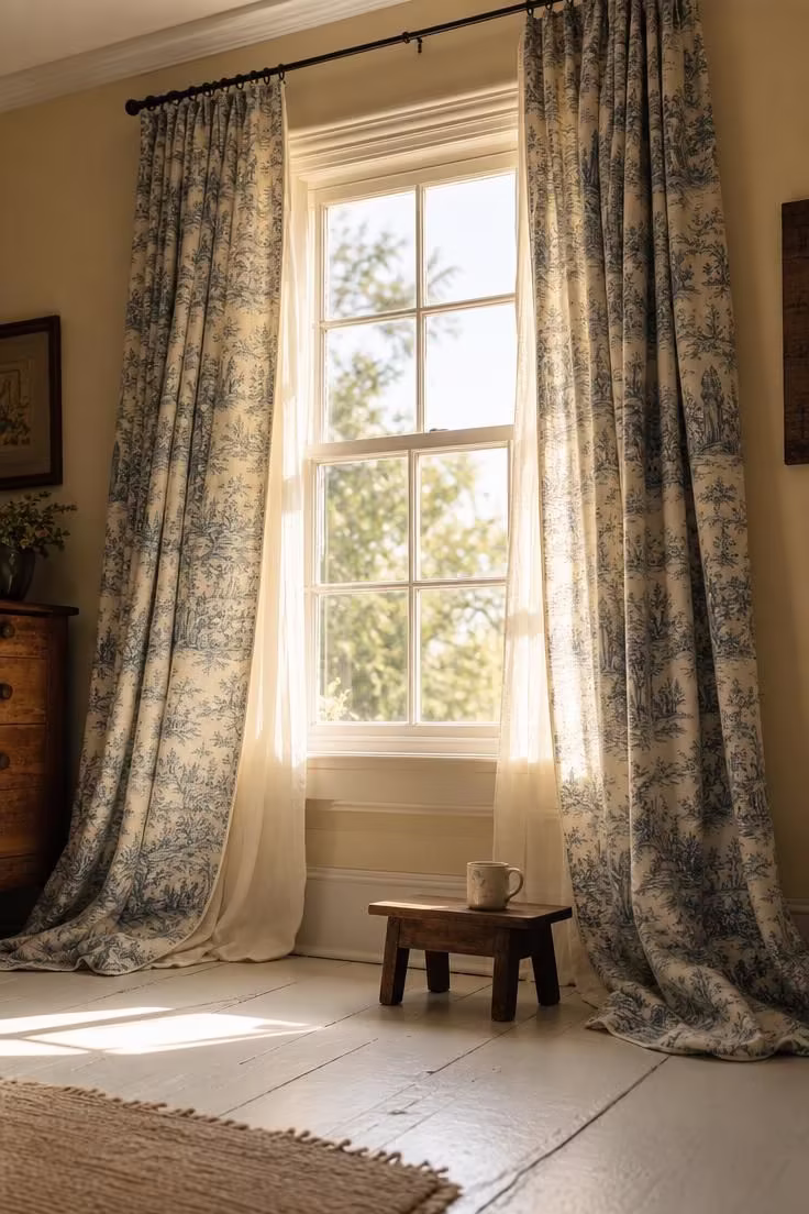 Faded blue-and-cream toile curtains framing a double-hung window with afternoon light and sheer under-panels.
