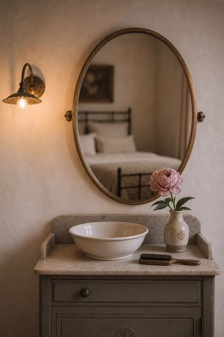 An oval brass vanity mirror above a painted pine washstand with a porcelain bowl, horsehair brush, and single peony in a ceramic vase.