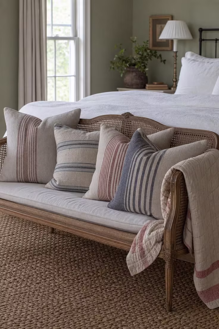 European grain sack pillows in faded red, indigo, and brown stripes stacked on a cane-back settee at the foot of a bed.