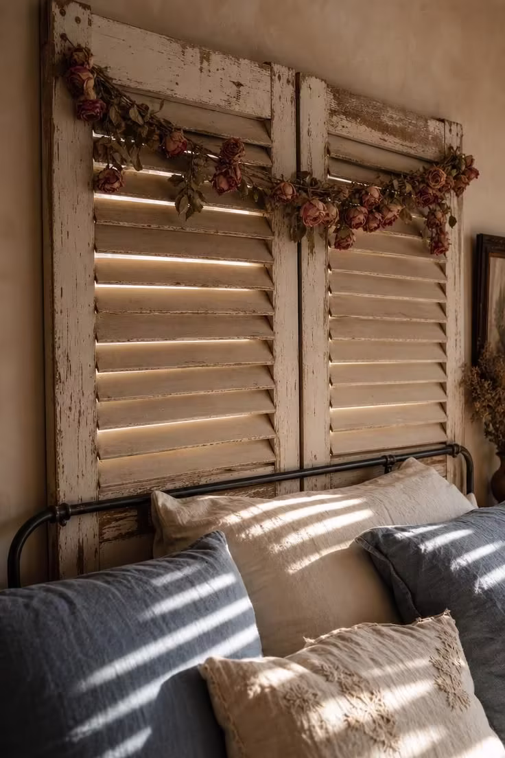 Two salvaged louvered shutters in chippy cream paint mounted as a headboard with dried roses draped across the top edge.