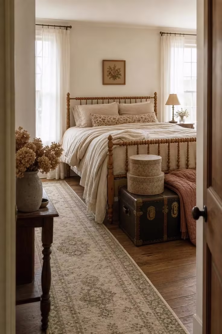 A leather steamer trunk and floral hatboxes at the foot of a Jenny Lind bed in natural maple with soft linens and a faded wool runner.