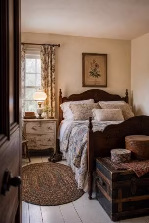 A complete vintage cottage bedroom with layered quilts, a milk glass lamp, floral curtains, a braided rug on white floorboards, and a steamer trunk at the foot of a carved wood bed.