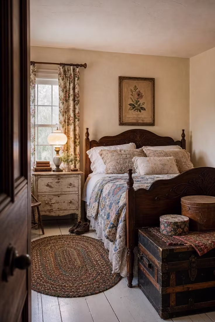 A complete vintage cottage bedroom with layered quilts, a milk glass lamp, floral curtains, a braided rug on white floorboards, and a steamer trunk at the foot of a carved wood bed.