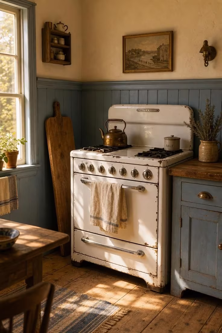 Chippy white enamel stove against dusty blue wainscot paneling in a warm vintage cottage kitchen with golden afternoon light