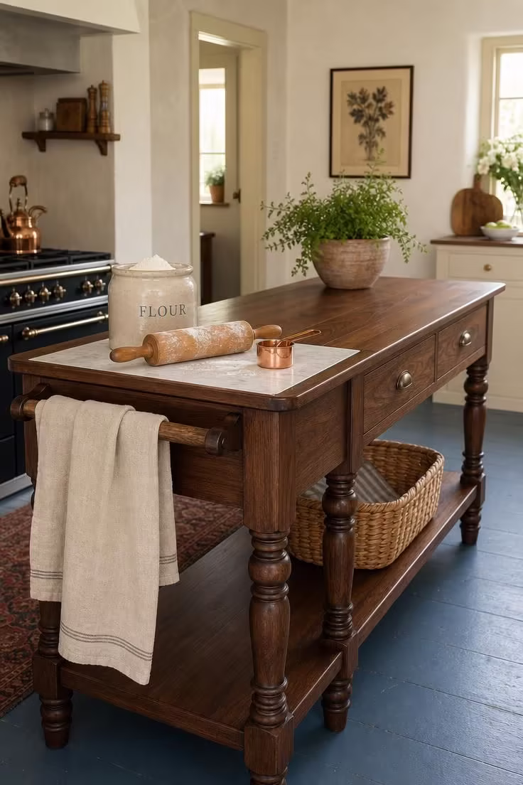 Turned-leg walnut kitchen island with marble inset pastry slab in a bright vintage cottage kitchen