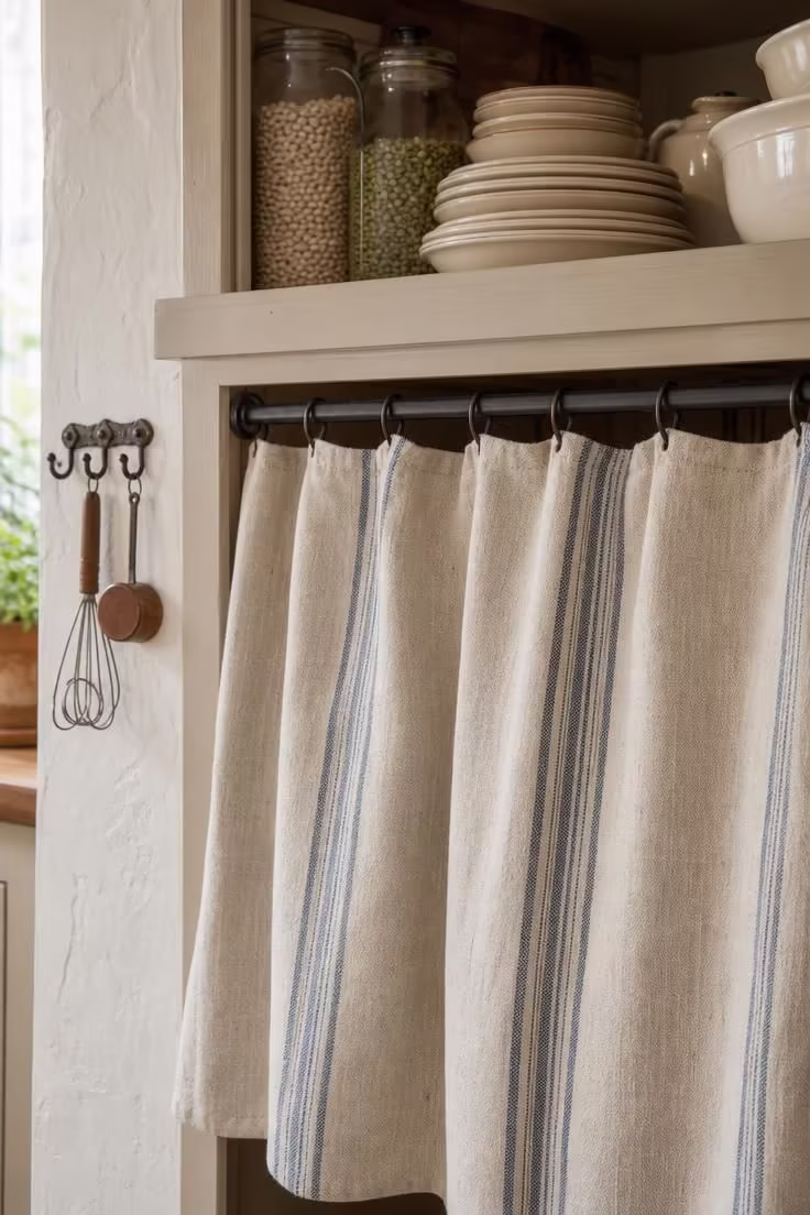 Flour-sack curtain panels below a butler's pantry pass-through in a vintage cottage kitchen with soft diffused light
