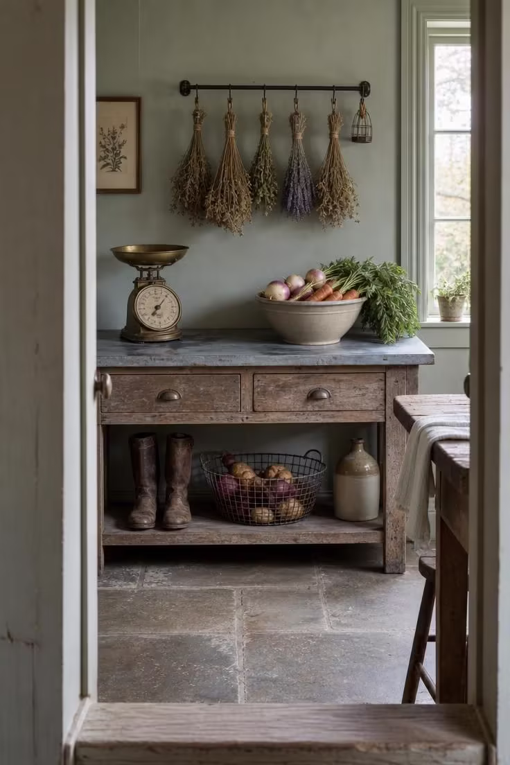 Zinc-top potting bench repurposed as a kitchen prep station in a cottage kitchen with cool overcast light