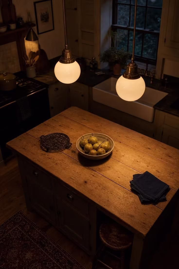 Reclaimed schoolhouse globe pendants casting warm light above a tongue-and-groove island in a moody evening cottage kitchen