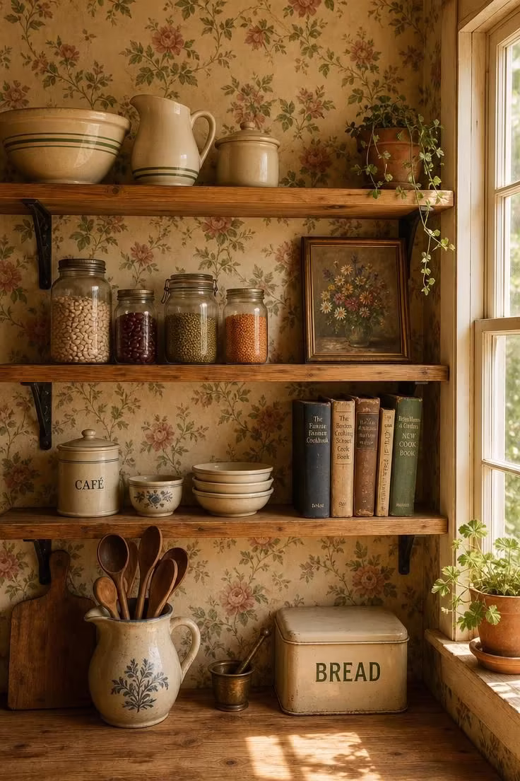 Faded floral wallpaper accent wall behind open pine shelving in a warm golden-lit vintage cottage kitchen