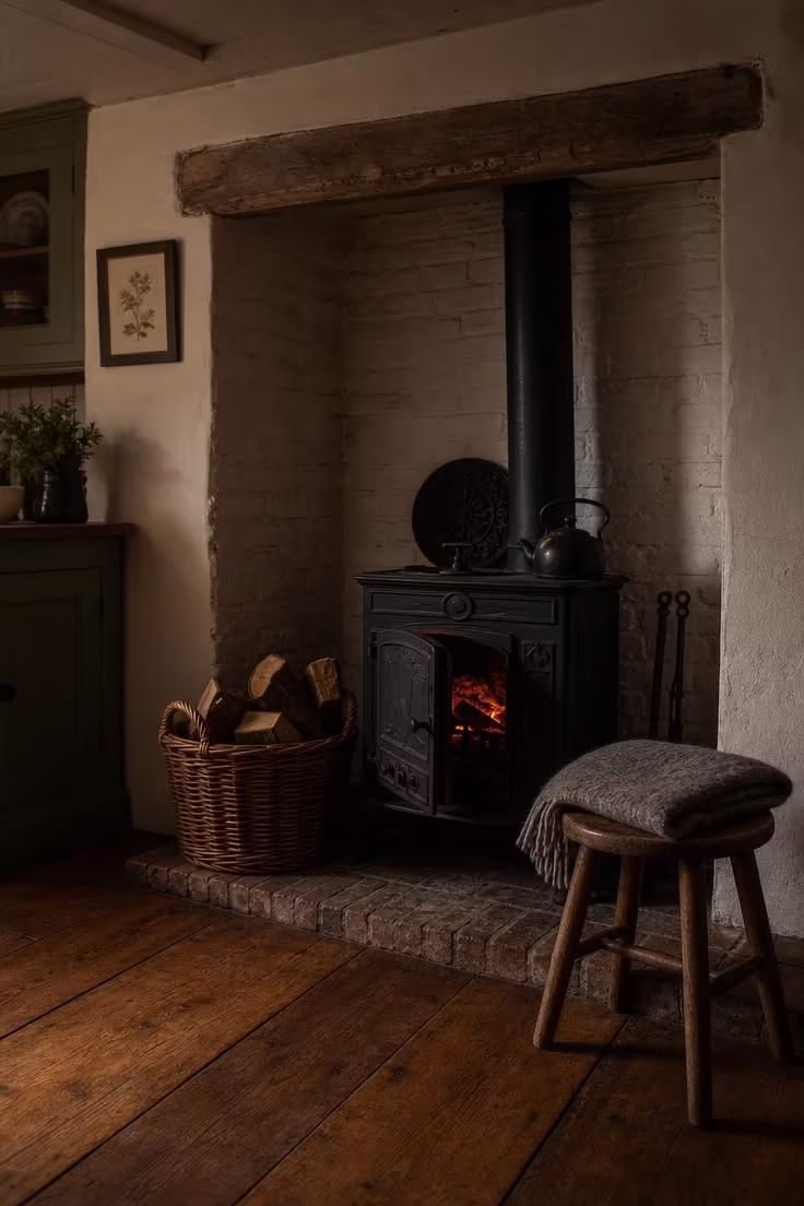 Cast iron wood stove in a whitewashed brick chimney alcove in a moody low-lit vintage cottage kitchen