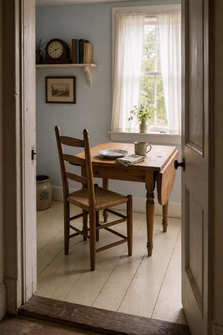Ladderback chair at a drop-leaf pine breakfast table in a soft morning-lit vintage cottage kitchen