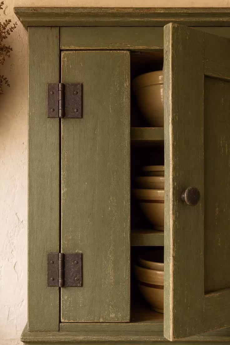 Milk paint cabinet doors in bayberry green with exposed iron butt hinges in a vintage cottage kitchen