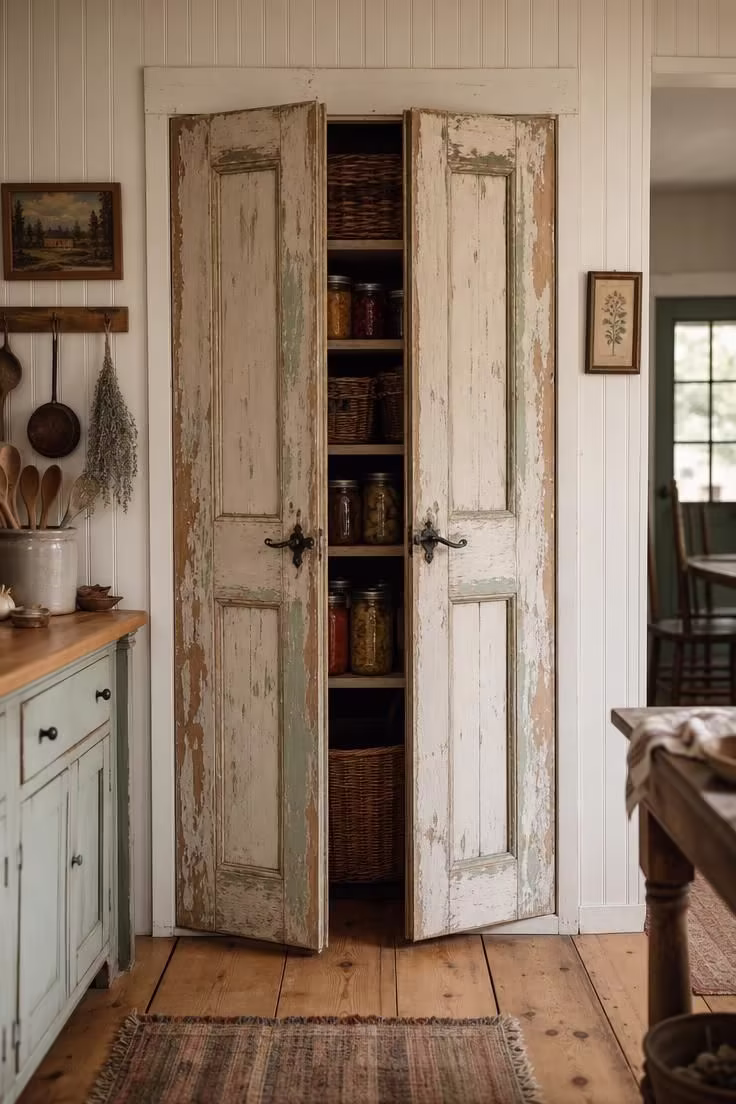 Peeling paint salvage doors rehung as pantry cabinet fronts in a vintage cottage kitchen with soft diffused light