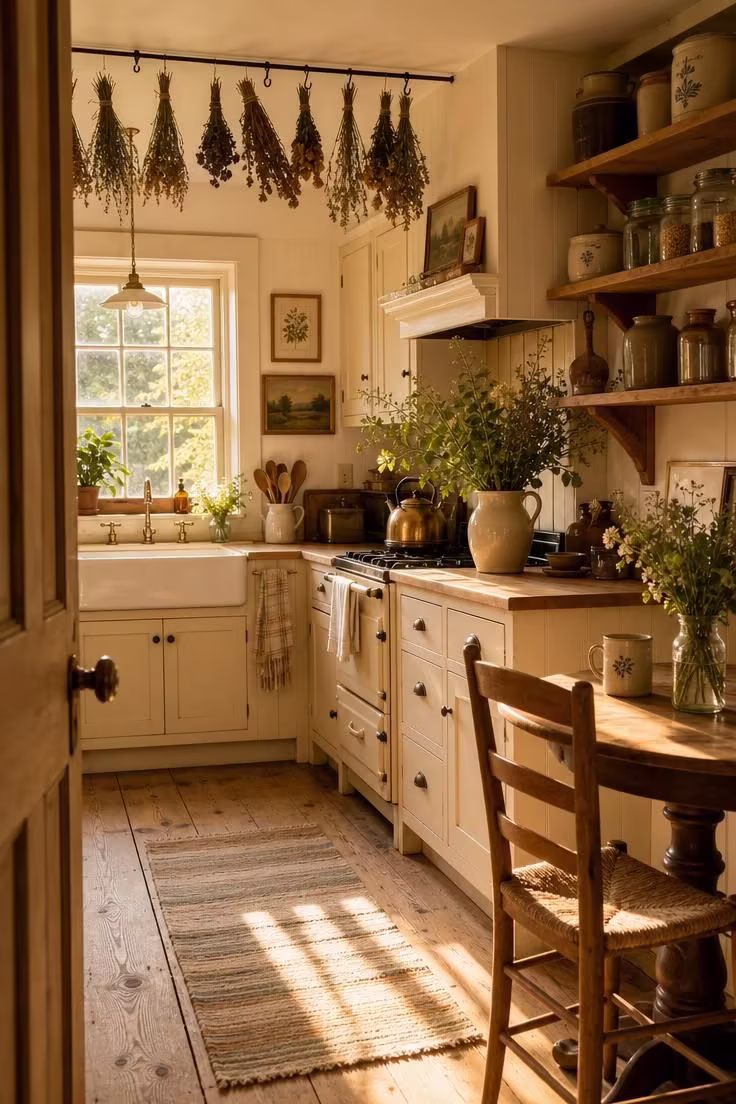 Wide-angle view of a warm vintage cottage kitchen with cream cabinets, butcher block counters, open pine shelving, and golden afternoon light streaming through the window