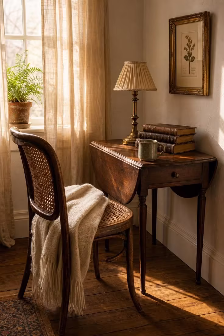 10 Vintage Cottage Living Room Ideas That Feel Like Home 1 A cane back chair beside a mahogany drop-leaf side table in a vintage cottage living room with warm afternoon light