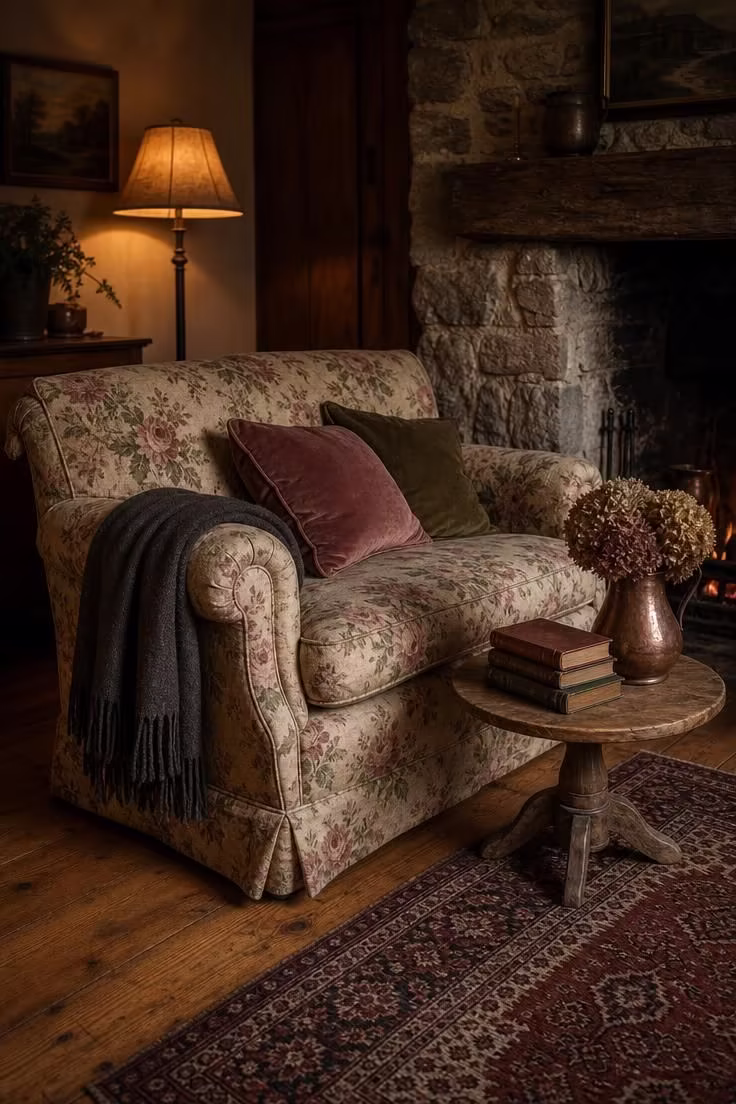 10 Vintage Cottage Living Room Ideas That Feel Like Home 2 A floral chintz settee beside a stone hearth in a moody low-lit cottage living room