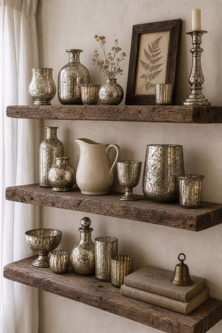 10 Vintage Cottage Living Room Ideas That Feel Like Home 3 Mercury glass collection displayed on reclaimed barn wood shelves with an ironstone pitcher in a cottage living room