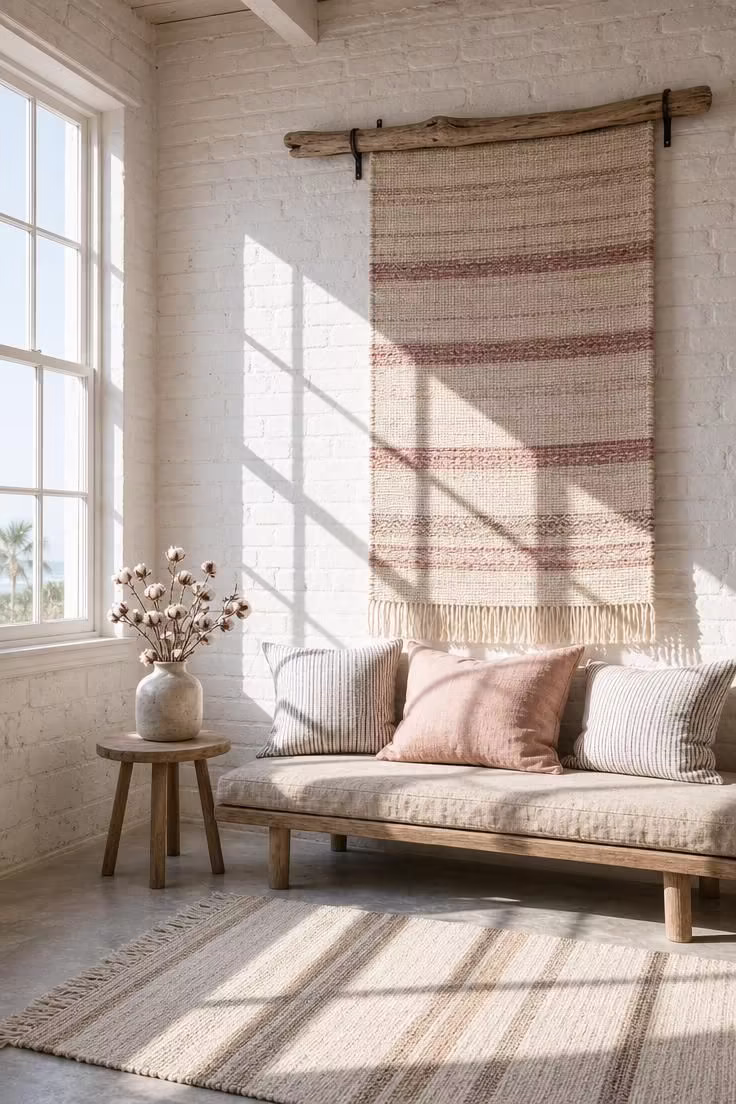 10 Vintage Cottage Living Room Ideas That Feel Like Home 4 Whitewashed brick wall with a large woven textile panel in a bright sun-filled cottage living room