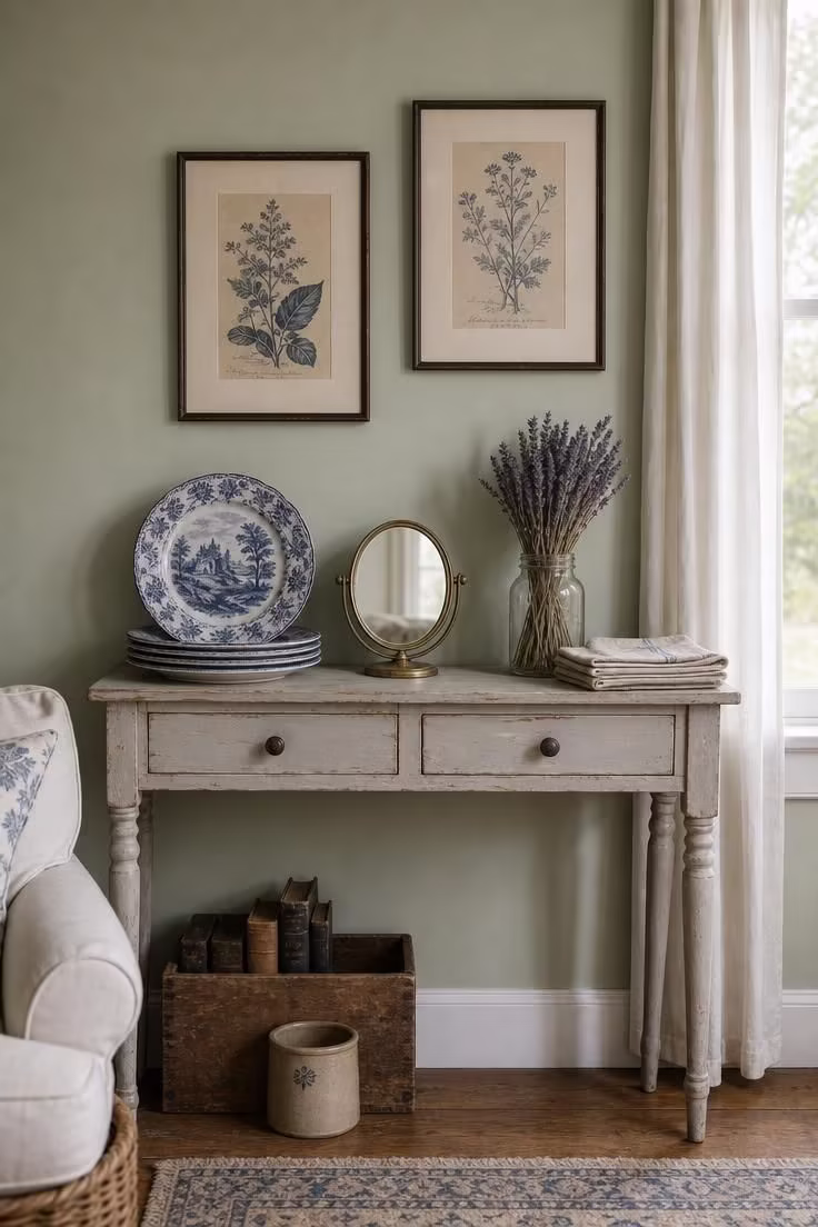 10 Vintage Cottage Living Room Ideas That Feel Like Home 5 A distressed wood console with stacked transferware plates and vintage botanical prints in a cottage living room