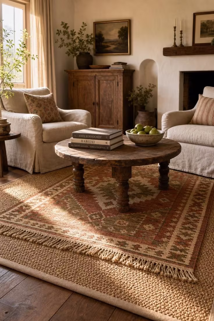 10 Vintage Cottage Living Room Ideas That Feel Like Home 6 Layered rug styling with a kilim over sisal beneath a rustic coffee table in a vintage cottage living room
