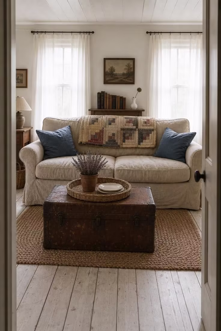 10 Vintage Cottage Living Room Ideas That Feel Like Home 7 A linen slipcover sofa facing a leather steamer trunk coffee table in a soft-lit cottage living room