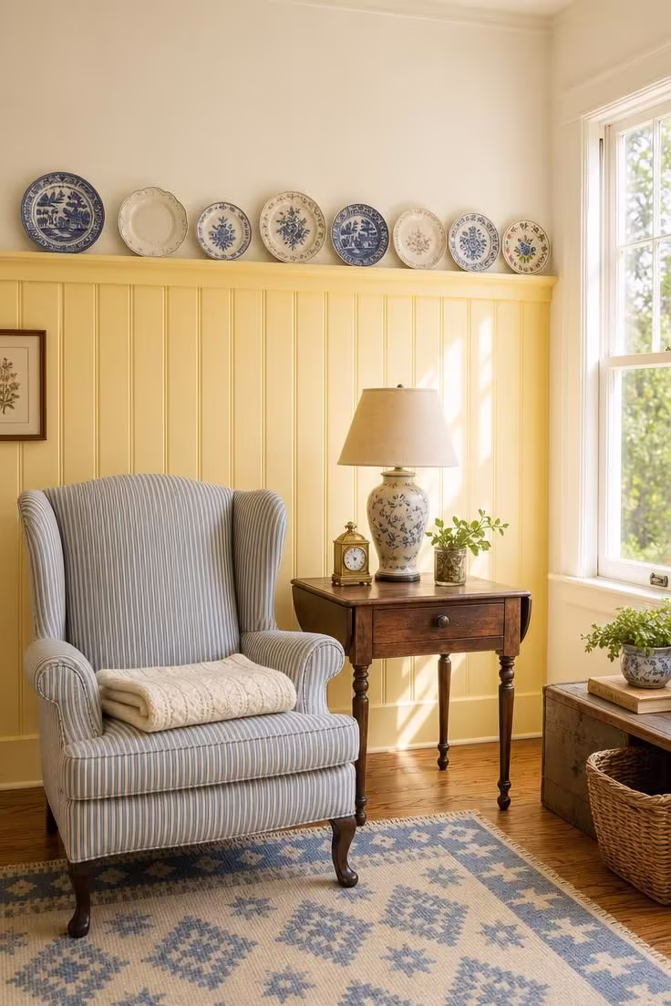 10 Vintage Cottage Living Room Ideas That Feel Like Home 8 Beadboard paneling in buttermilk yellow with a vintage plate rail in a bright cottage living room