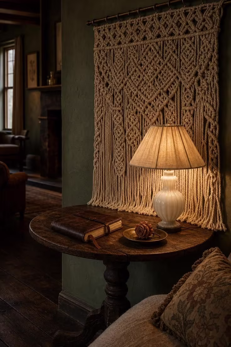 10 Vintage Cottage Living Room Ideas That Feel Like Home 9 A macramé wall panel framing an antique farmhouse table lamp in a moody cottage reading nook
