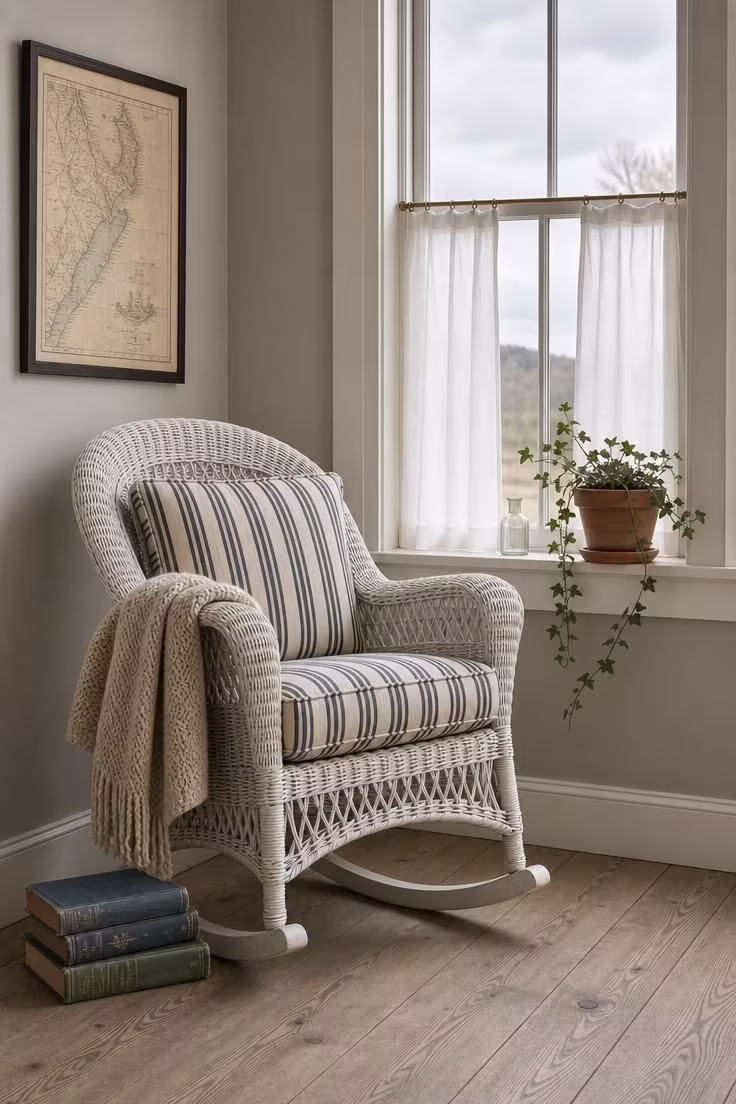 10 Vintage Cottage Living Room Ideas That Feel Like Home 10 A painted wicker rocking chair beside cafe curtains in a cool-lit vintage cottage living room