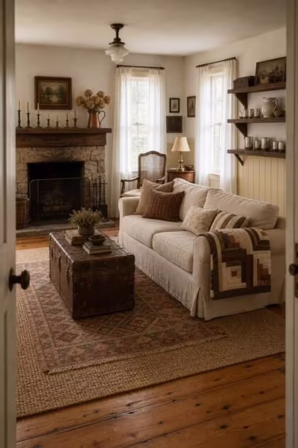 10 Vintage Cottage Living Room Ideas That Feel Like Home A complete vintage cottage living room with linen sofa, layered rugs, steamer trunk coffee table, and stone hearth bathed in soft afternoon light