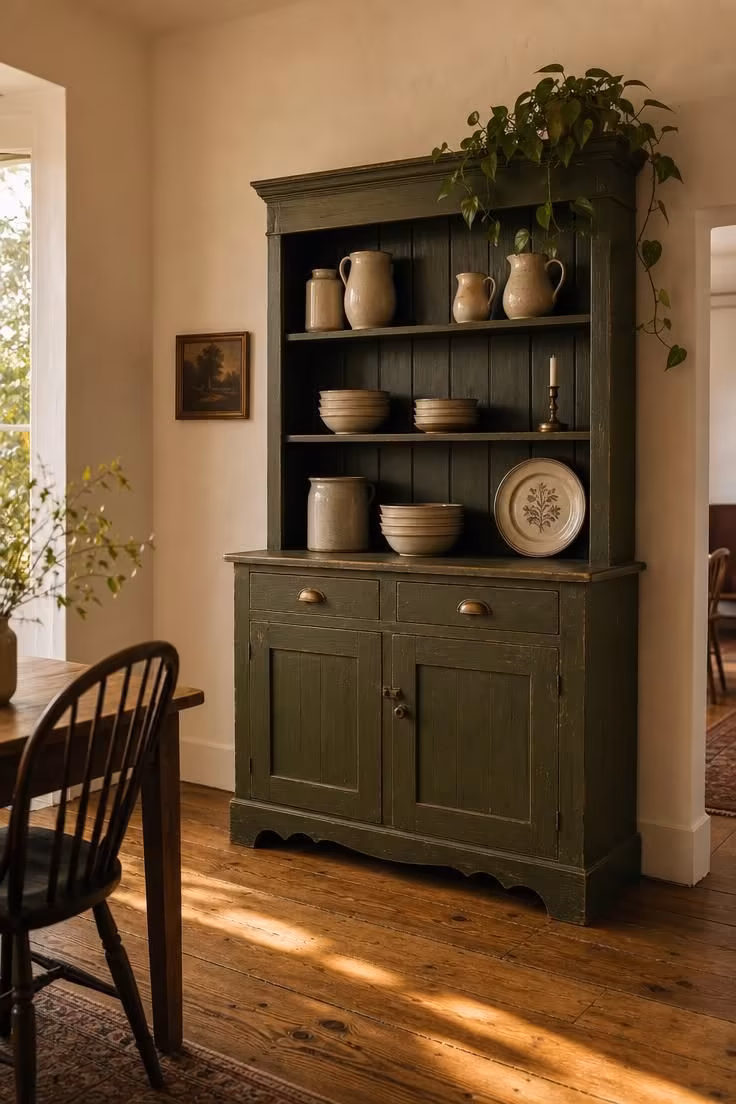 11 Cozy Vintage Eclectic Home Ideas for Warmth and Charm 1 Deep olive green vintage hutch with brass pulls and stoneware still life against a warm plaster wall.