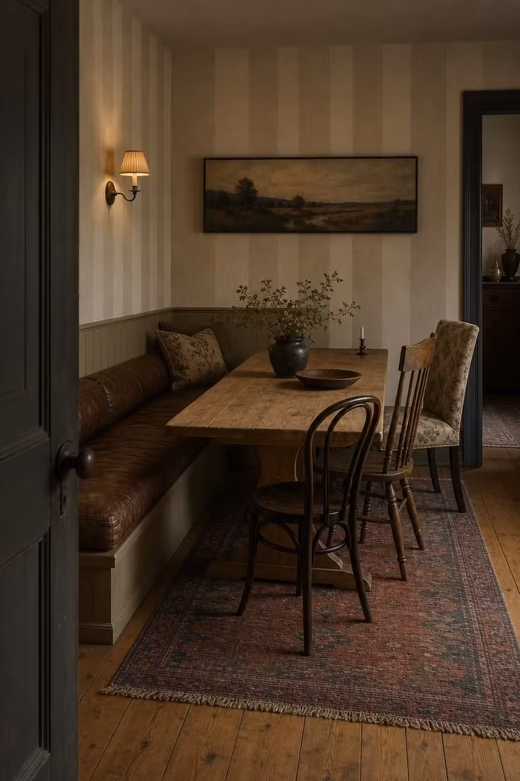 11 Cozy Vintage Eclectic Home Ideas for Warmth and Charm 2 Worn tobacco leather banquette under a striped plaster wall with mismatched chairs and a narrow pine table.