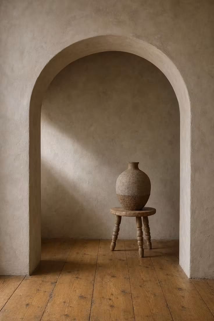11 Cozy Vintage Eclectic Home Ideas for Warmth and Charm 3 Raw plaster arch framing a turned-wood stool holding a single clay vessel on pine floors.