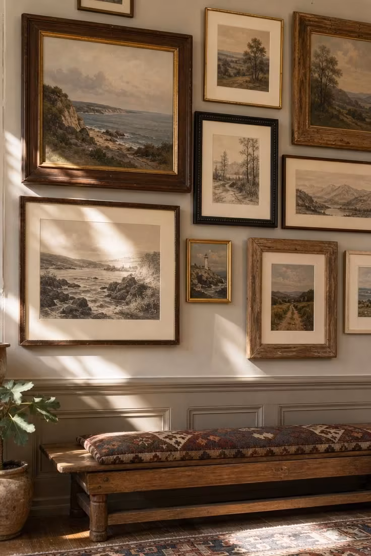 11 Cozy Vintage Eclectic Home Ideas for Warmth and Charm 4 Dense salon wall of thrifted landscape art in mismatched walnut and brass frames above an oak bench.