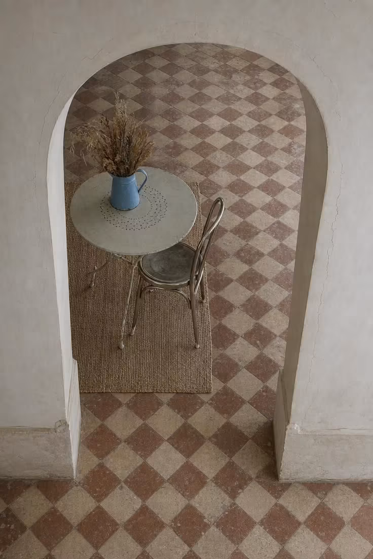 11 Cozy Vintage Eclectic Home Ideas for Warmth and Charm 5 Checkerboard encaustic tile floor in terracotta and bone seen through a pale plaster arch.