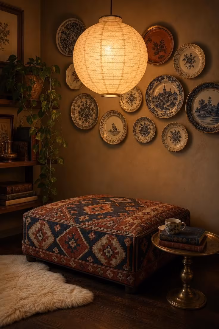 11 Cozy Vintage Eclectic Home Ideas for Warmth and Charm 6 Kilim-covered ottoman under a paper lantern pendant with a vintage plate gallery wall behind.