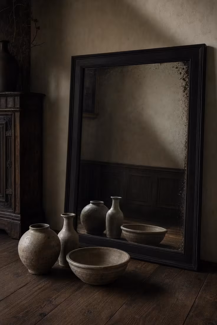 11 Cozy Vintage Eclectic Home Ideas for Warmth and Charm 7 Black-framed mirror leaning against a plaster wall with clay vessels on a walnut floor.