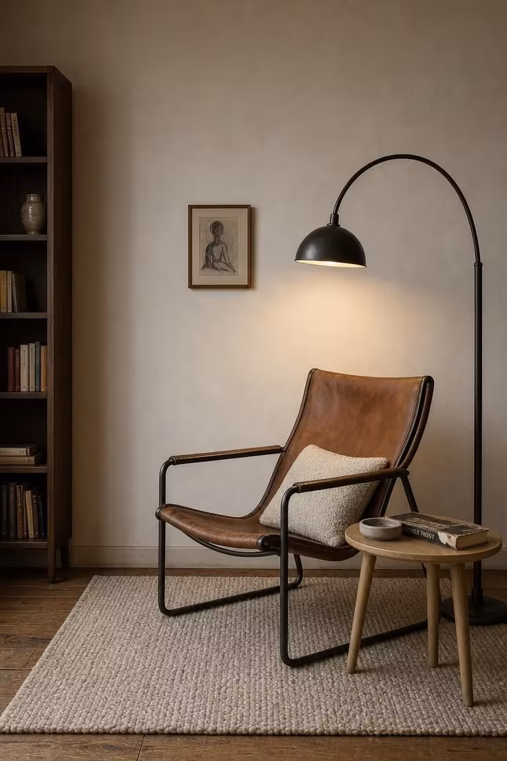 11 Cozy Vintage Eclectic Home Ideas for Warmth and Charm 8 Vintage leather sling chair beside a blackened steel arc floor lamp with oak side table and wool rug.