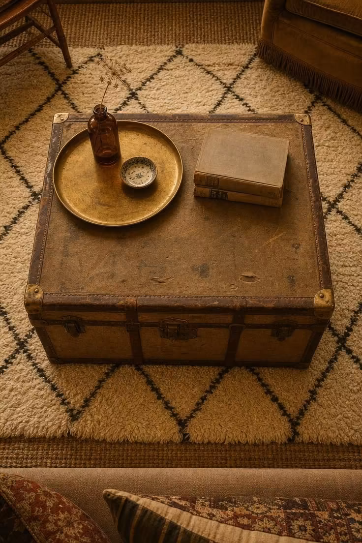 11 Cozy Vintage Eclectic Home Ideas for Warmth and Charm 9 Vintage steamer trunk coffee table with brass tray still life on a cream Moroccan rug.