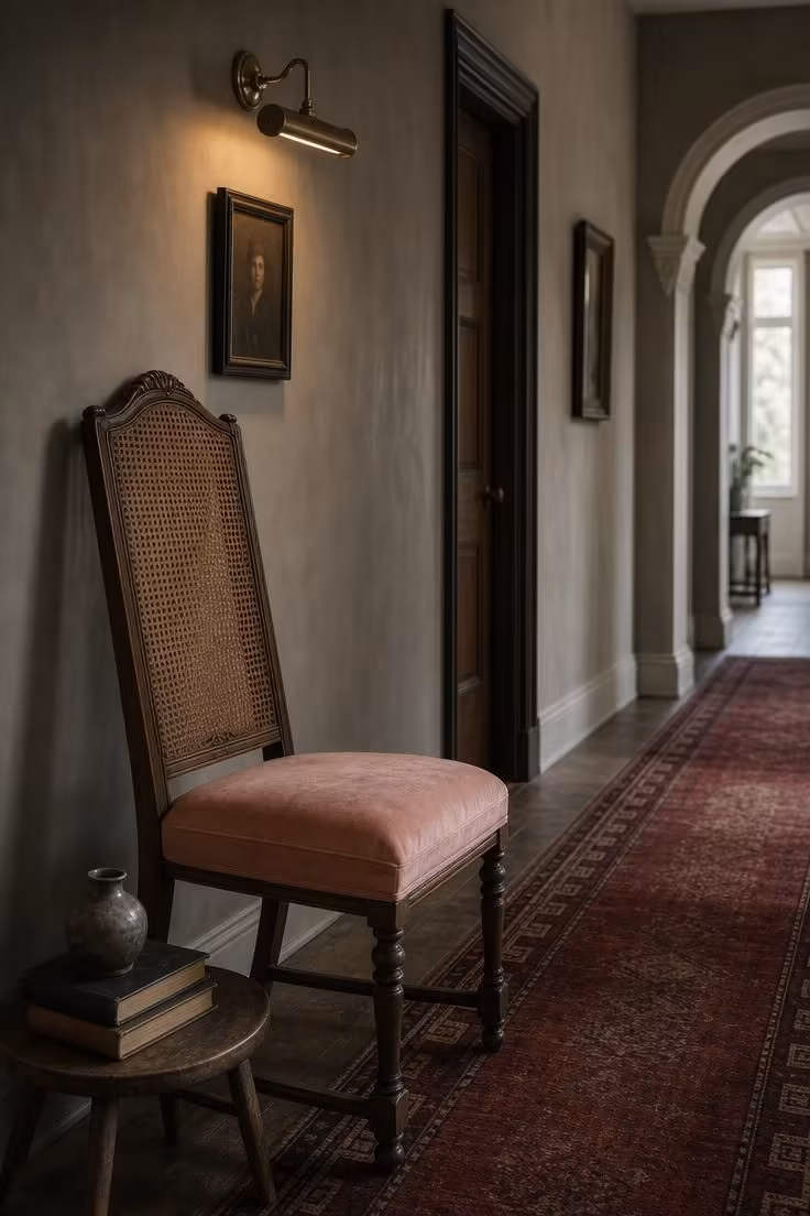 11 Cozy Vintage Eclectic Home Ideas for Warmth and Charm 10 High-back cane chair with blush velvet cushion beside an oxblood runner in a hallway.