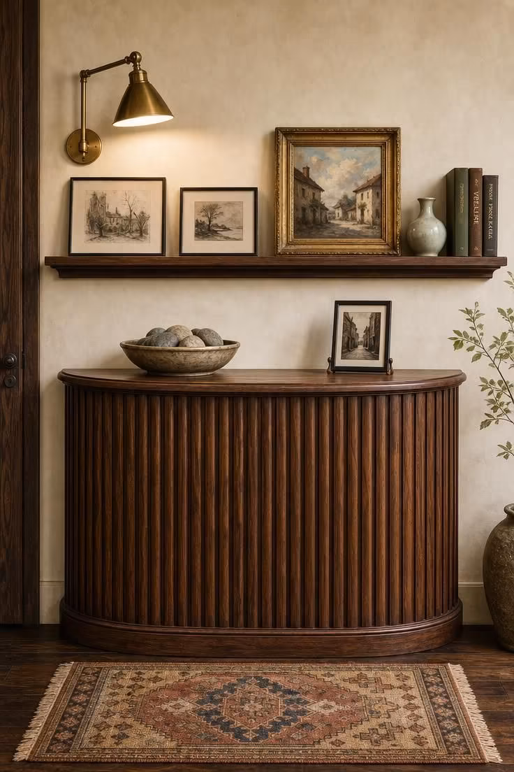 11 Cozy Vintage Eclectic Home Ideas for Warmth and Charm 11 Fluted walnut console with gallery ledge and swing-arm sconce against a cream plaster wall.