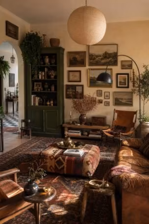 A warm vintage eclectic living room with layered rugs, worn leather seating, a deep green hutch, and a gallery wall of mismatched frames.