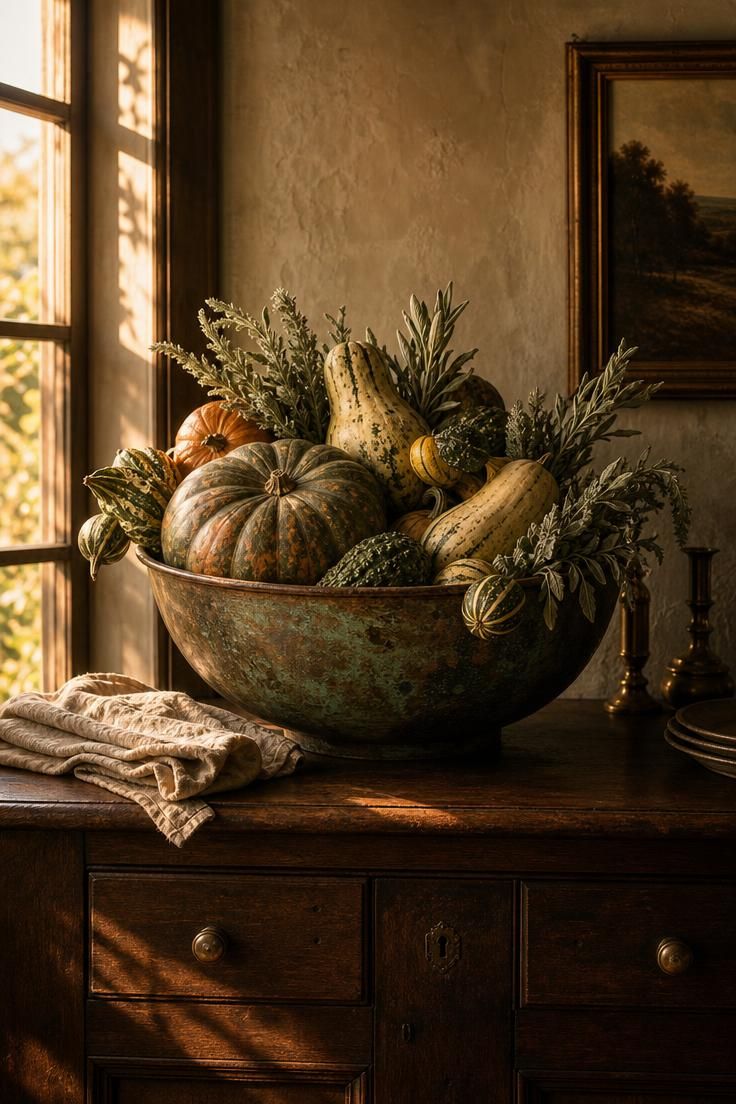 15 Vintage Fall Decor Ideas With Old-World Autumn Charm 1 A tarnished copper bowl filled with heirloom squash and dried sage bundles on a walnut sideboard in warm golden light.