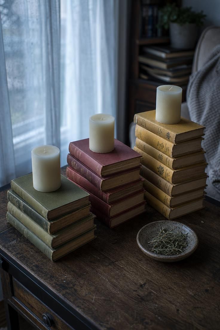 15 Vintage Fall Decor Ideas With Old-World Autumn Charm 2 Three stacks of vintage hardcovers in olive, burgundy, and mustard tones topped with ivory beeswax pillars on a dark coffee table.