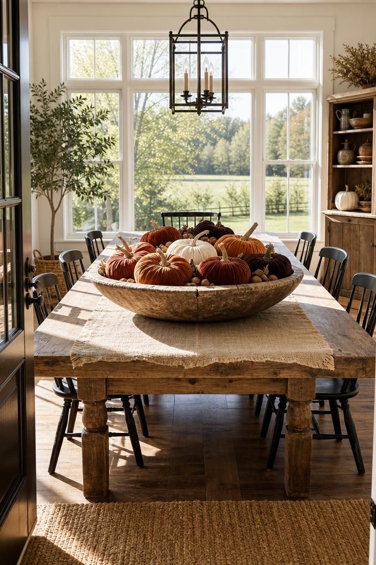 15 Vintage Fall Decor Ideas With Old-World Autumn Charm 3 A weathered wooden dough bowl filled with velvet pumpkins in rust, cream, and plum alongside natural acorns on a farmhouse table in bright midday light.