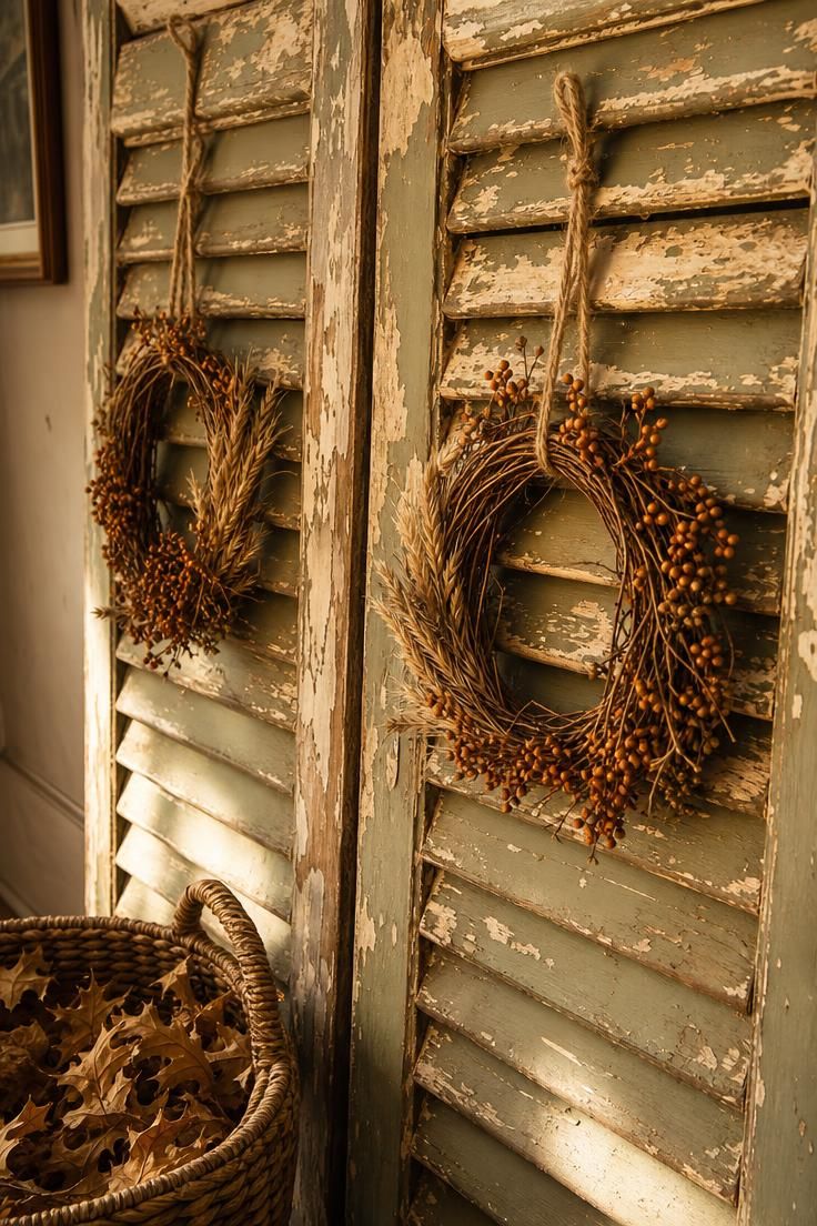 15 Vintage Fall Decor Ideas With Old-World Autumn Charm 4 A pair of reclaimed wooden shutters with peeling paint leaning against a hallway wall, with small dried wreaths of bittersweet and wheat hung from the slats.