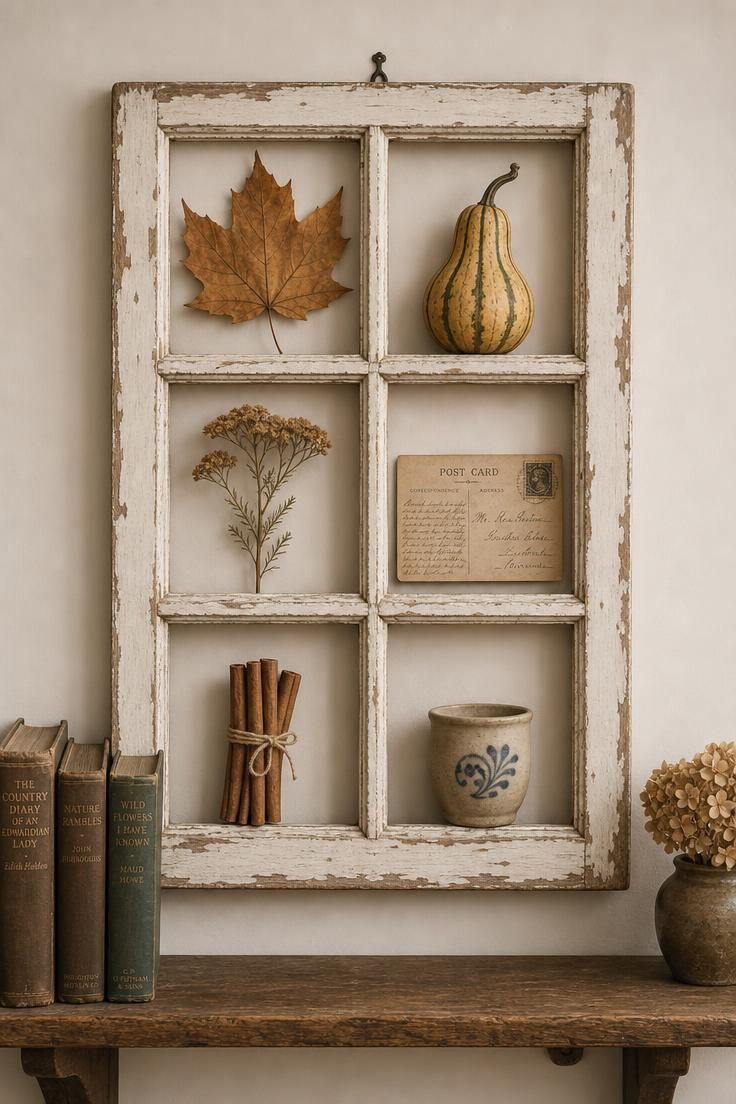 15 Vintage Fall Decor Ideas With Old-World Autumn Charm 5 A vintage six-pane window frame without glass hanging on a dining room wall, each pane holding a different autumn object in soft diffused light.