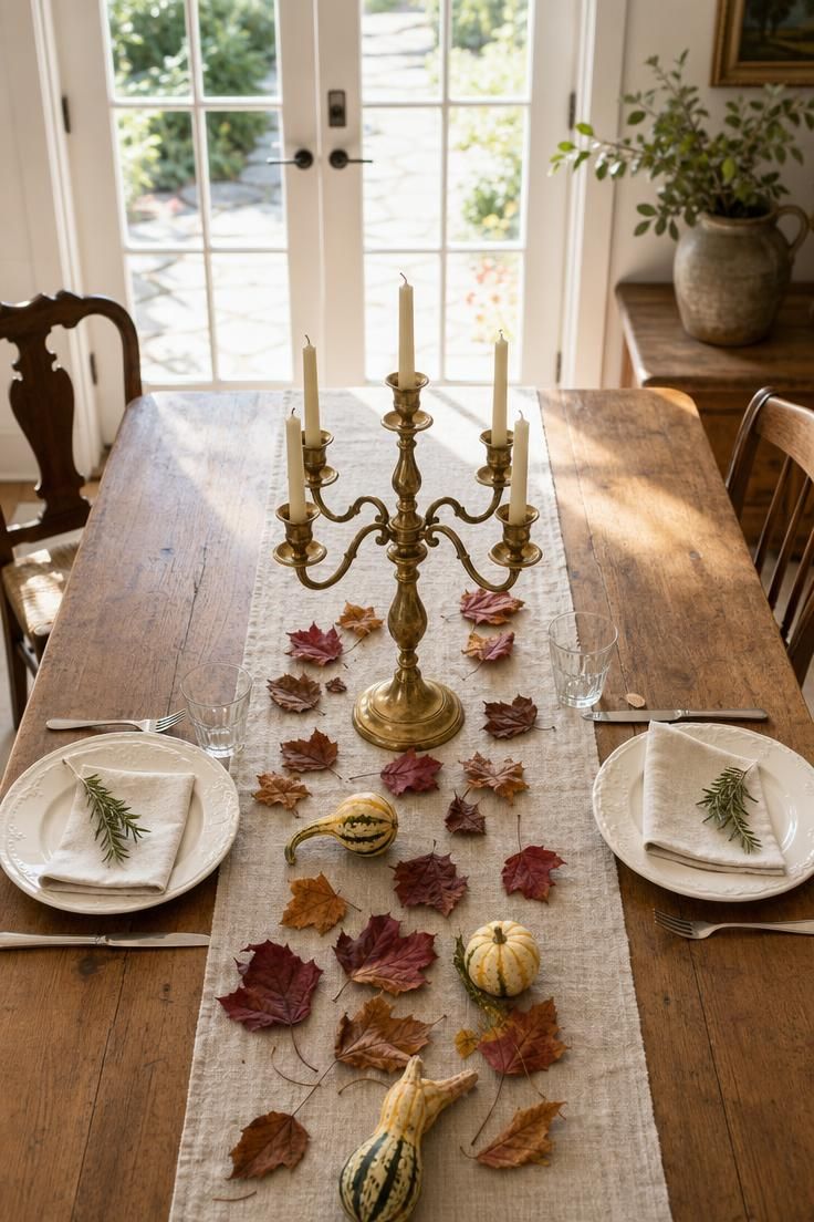 15 Vintage Fall Decor Ideas With Old-World Autumn Charm 7 A tarnished five-arm brass candelabra centered on a raw linen runner on an oak dining table, surrounded by dried leaves and small gourds in bright midday light.