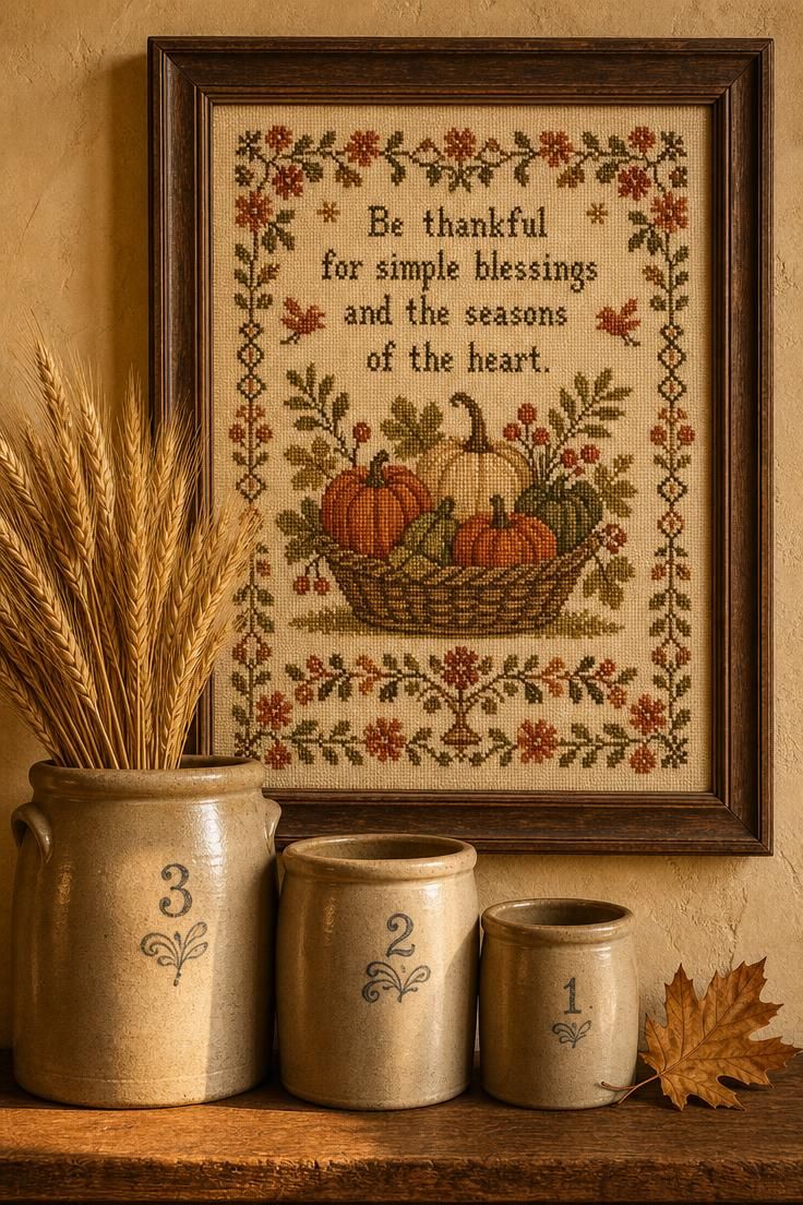15 Vintage Fall Decor Ideas With Old-World Autumn Charm 9 A faded cross-stitch sampler with an autumn harvest motif hung above three graduated stoneware crocks on a wooden shelf in warm golden light.