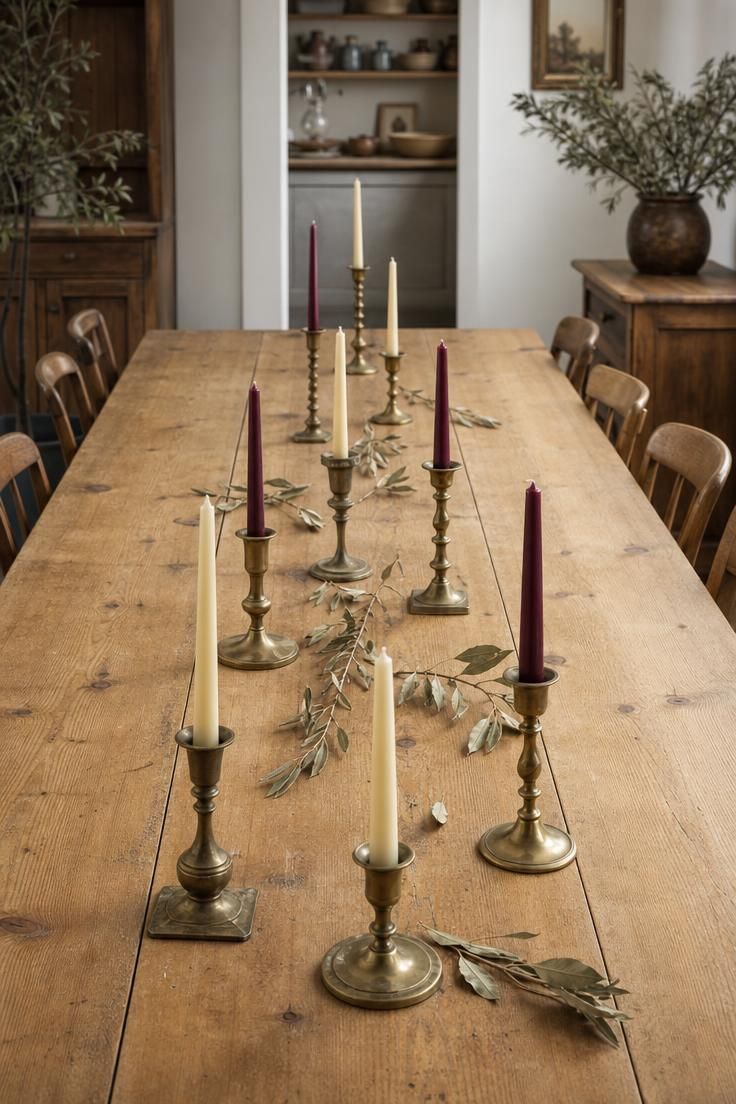 15 Vintage Fall Decor Ideas With Old-World Autumn Charm 10 Eight mismatched vintage brass candlesticks at staggered heights down the center of a pine farmhouse table, holding cream and burgundy tapers in soft diffused light.
