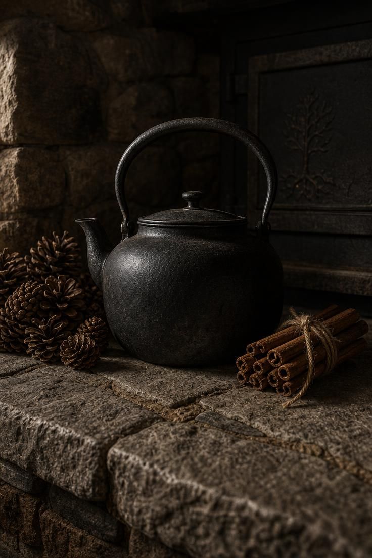 15 Vintage Fall Decor Ideas With Old-World Autumn Charm 11 An old black cast iron kettle on a stone hearth beside a pile of pine cones and a bundle of cinnamon sticks tied with jute twine in moody low light.